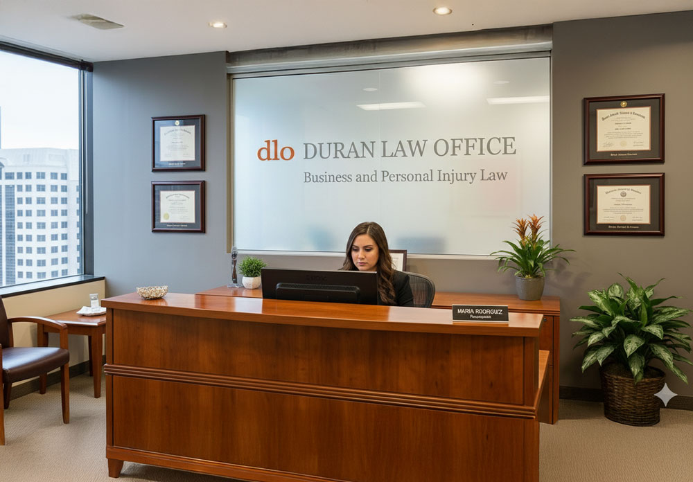 An AI image of a woman sitting at a receptionist's desk in an office with the company name on the wall behind her