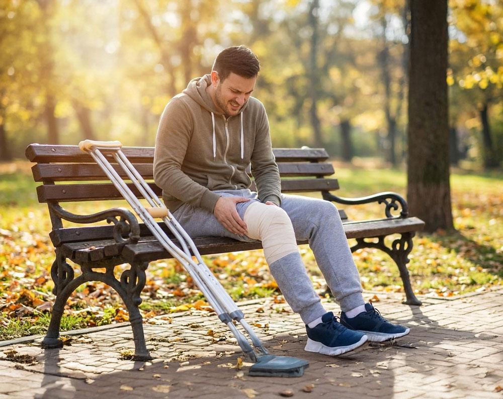 An AI image of a man with a bandage on his right knee sitting on a park bench, holding his leg and wincing
