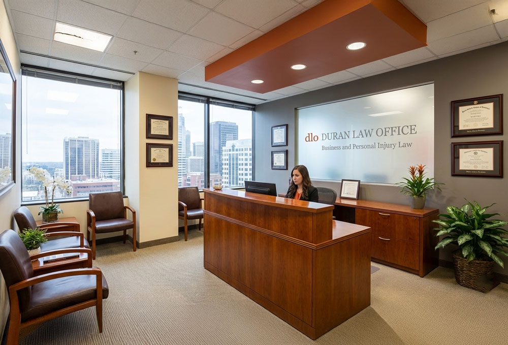 An AI image of a woman sitting at a receptionist's desk in an office